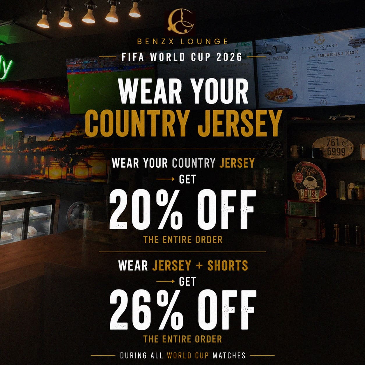 BenzX Lounge World Cup jersey and shorts discount offer