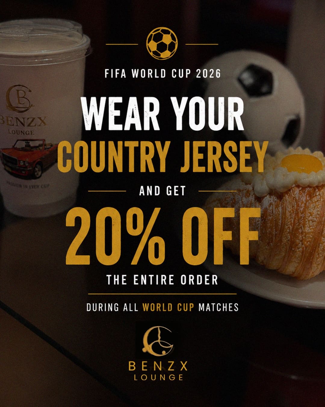 Wear your country jersey and get 20 percent off at BenzX Lounge